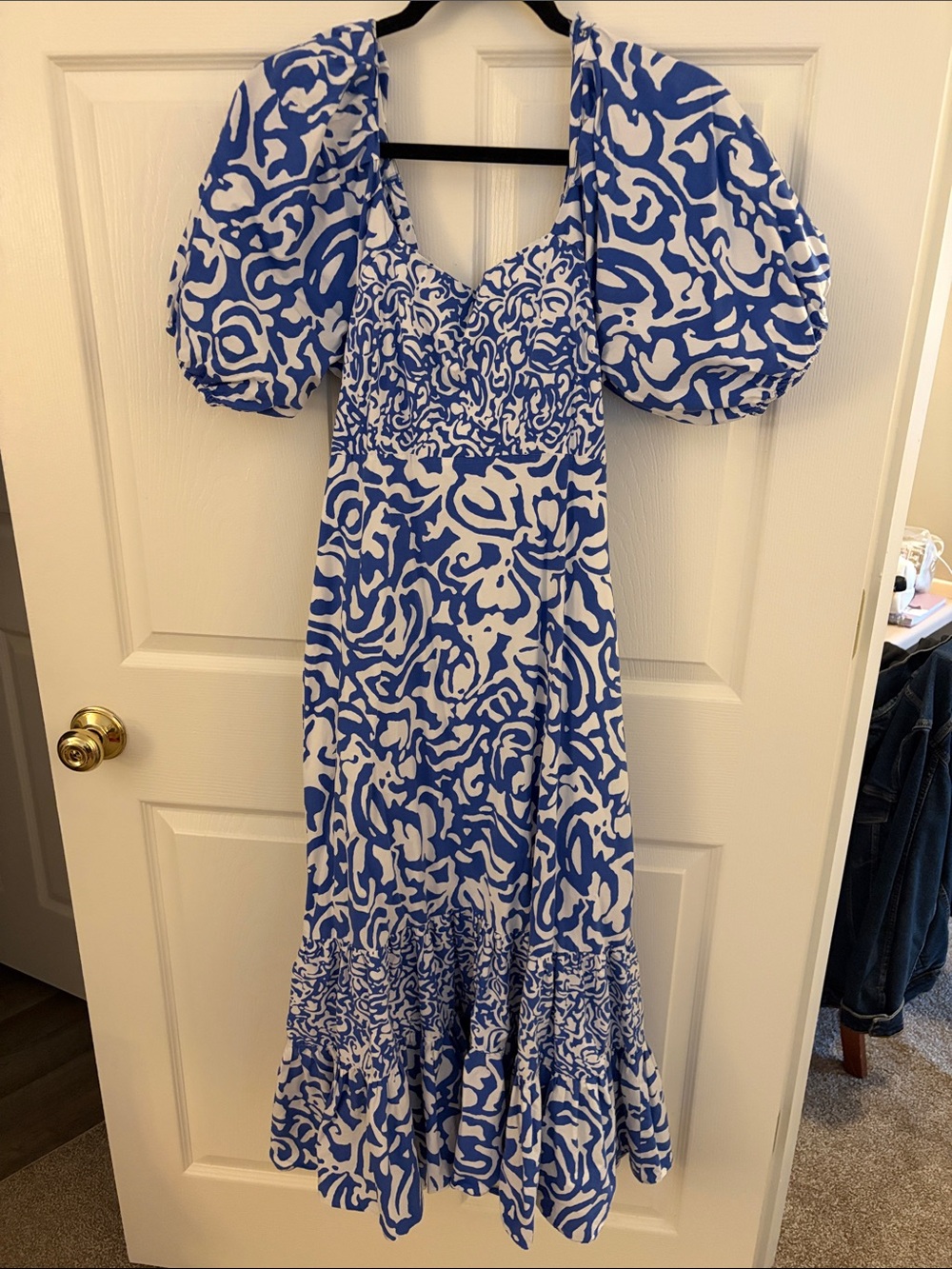 Tanya Taylor Cynthia Dress - Blue and White Puff-Sleeve Midi Dress